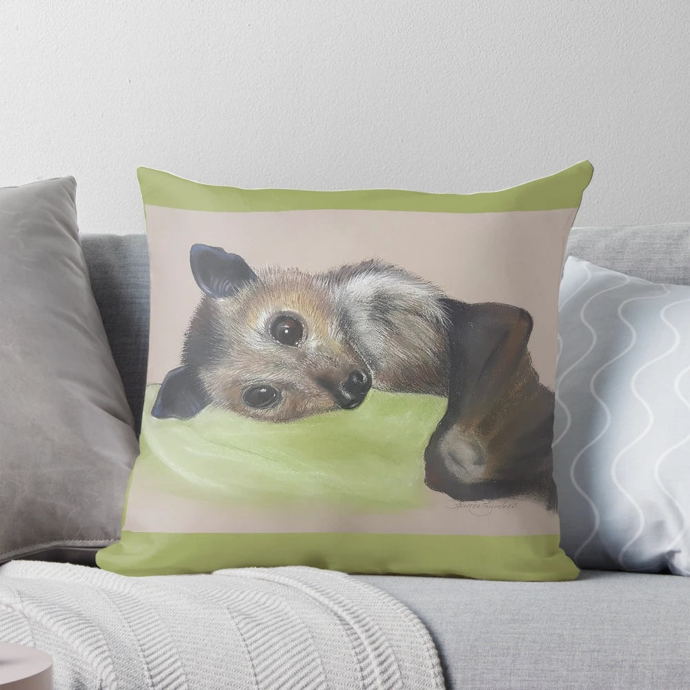 Batzilla the Bat Pillow - Soft, Fluffy Pillow Featuring a Cute Bat Design by Artist Louise Saunders