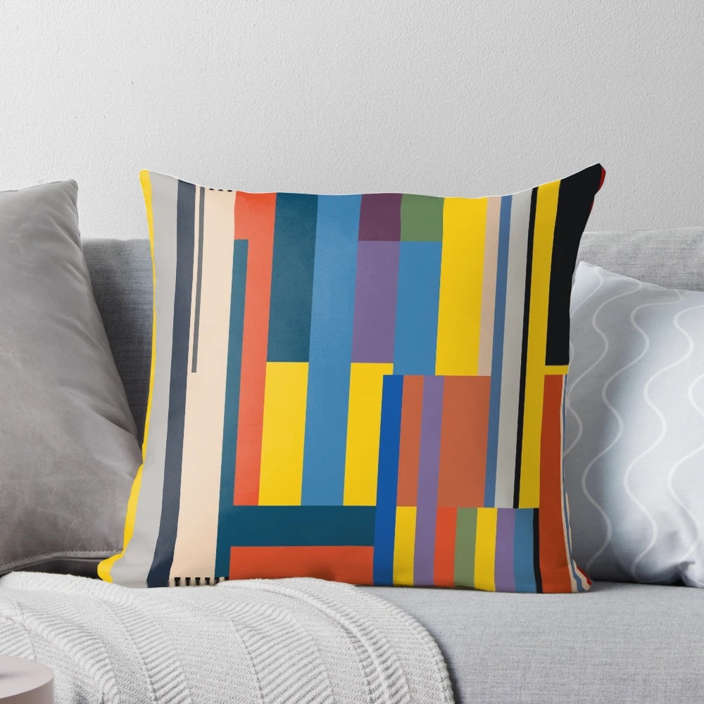 Vibrant Bauhaus-style pillow with abstract geometric shapes and bold colors