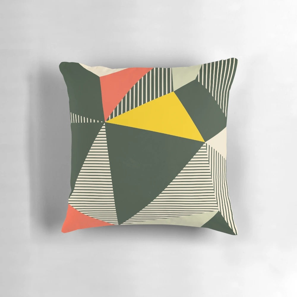 Bauhaus-inspired geometric pattern throw pillow with colorful, minimalist design