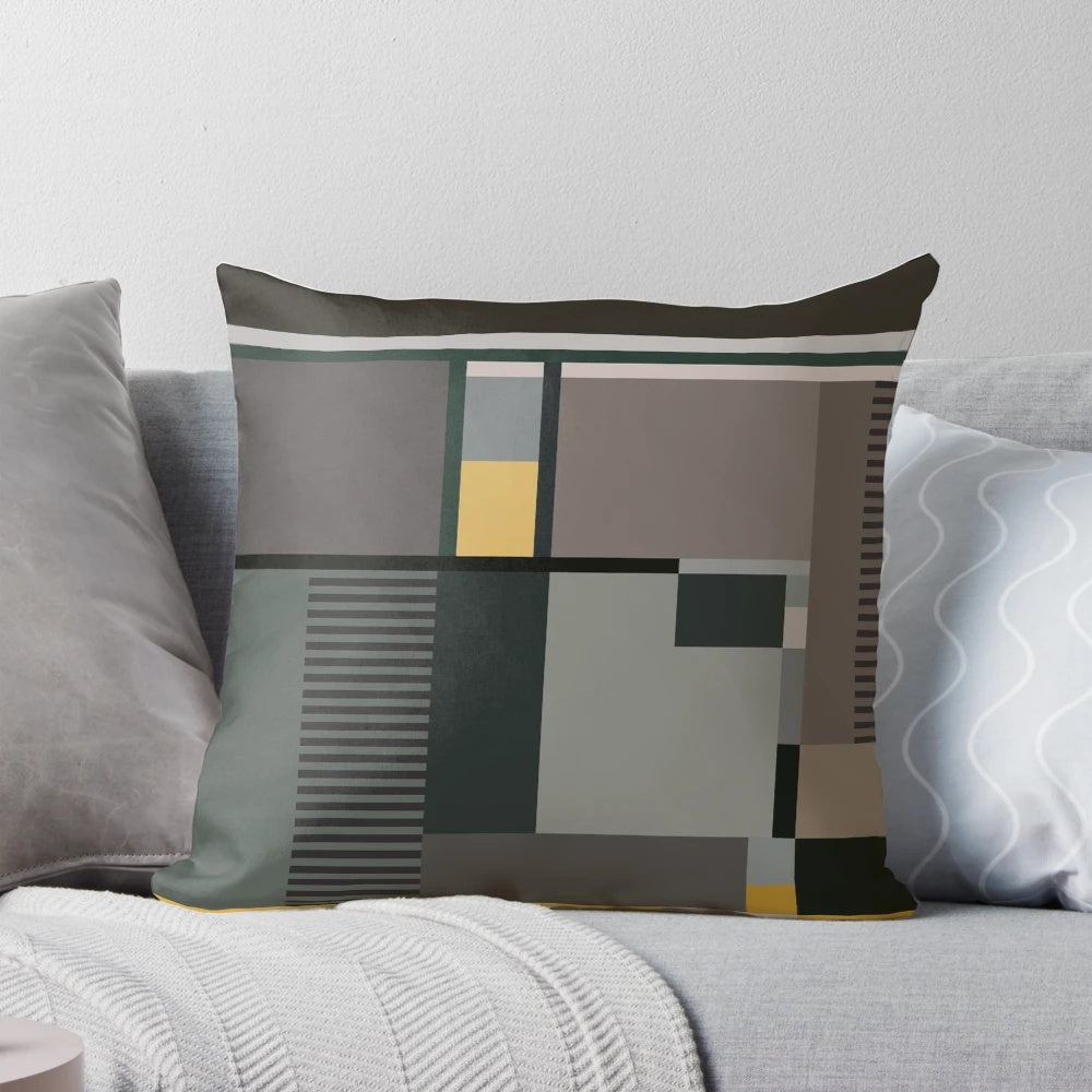 Bauhaus-style throw pillow featuring a minimalist geometric design in subdued colors