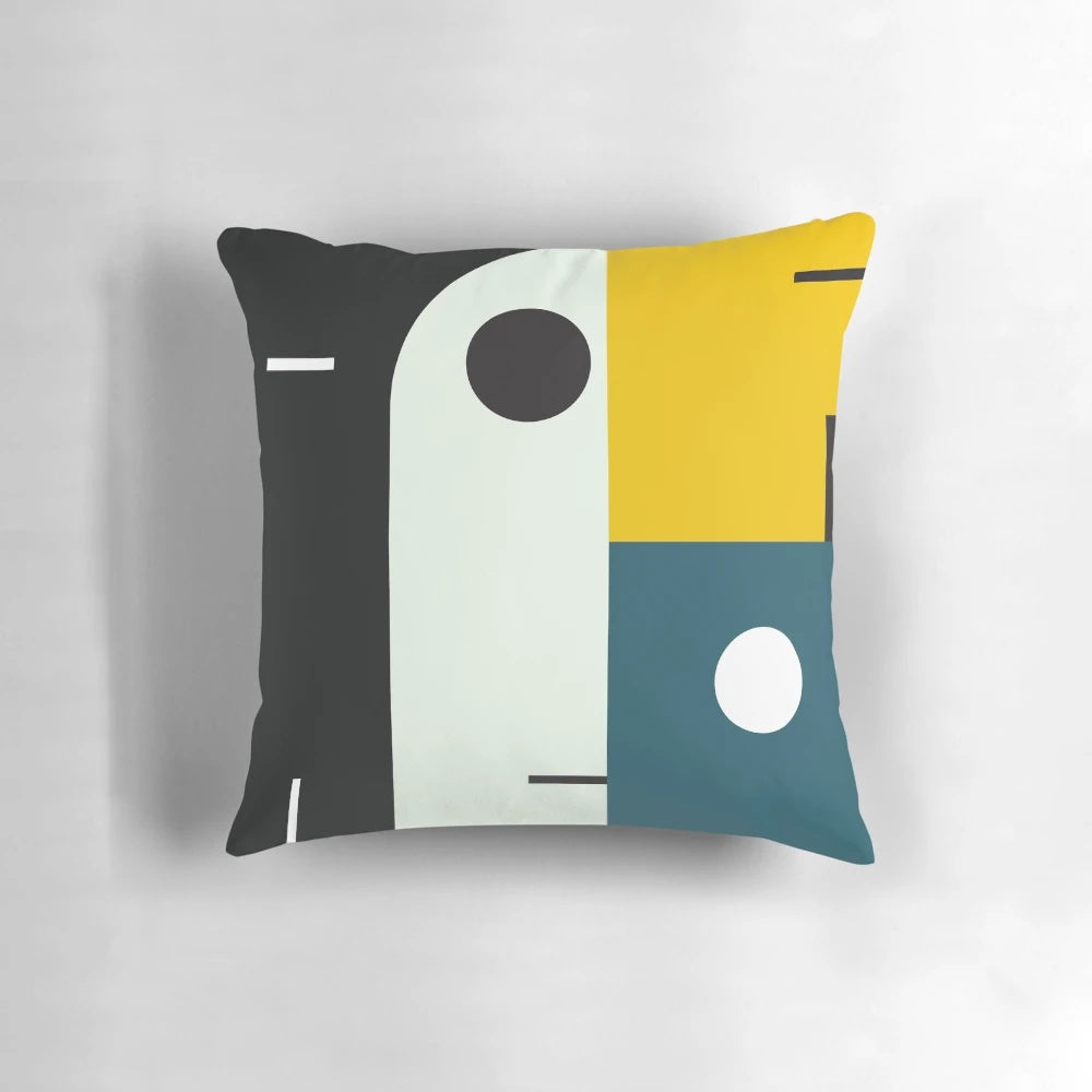 Bauhaus-style modernist pillow with geometric shapes and primary colors