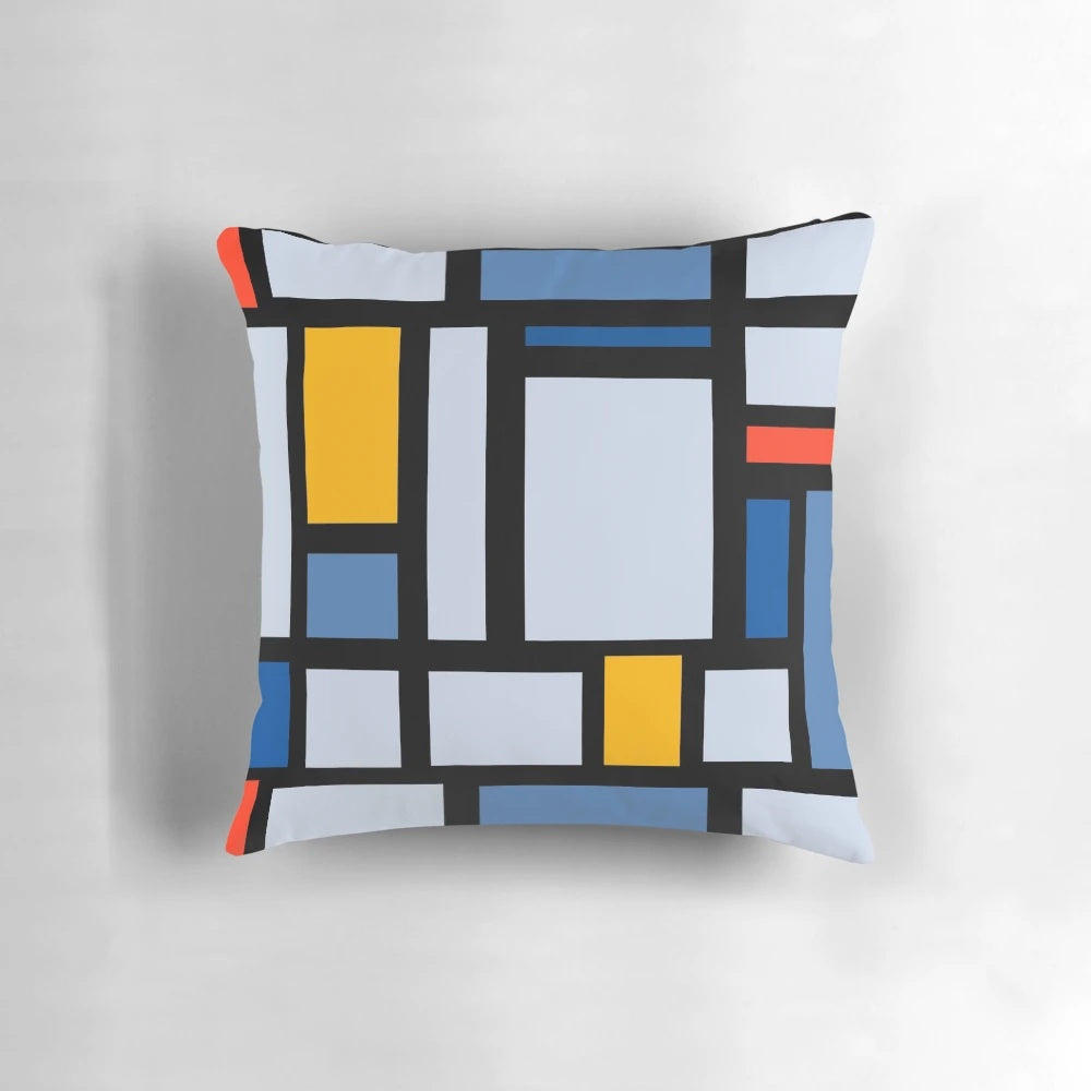 Bauhaus inspired vintage graphic design pillow with modernist patterns