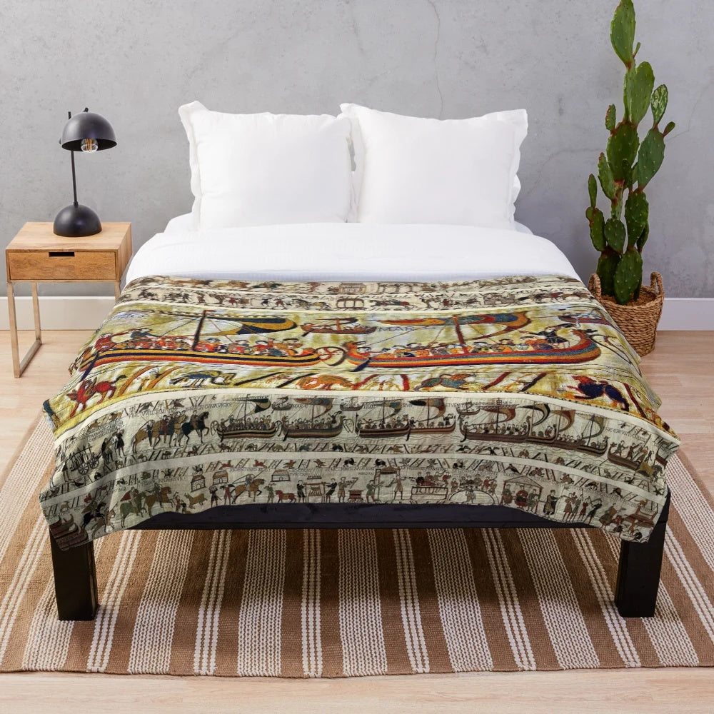 Bayeux Tapestry themed plush blanket featuring Viking longships and medieval knights