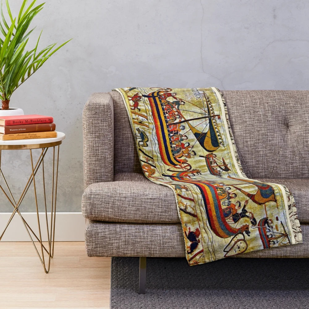 Bayeux Tapestry themed plush blanket featuring Viking longships and medieval knights