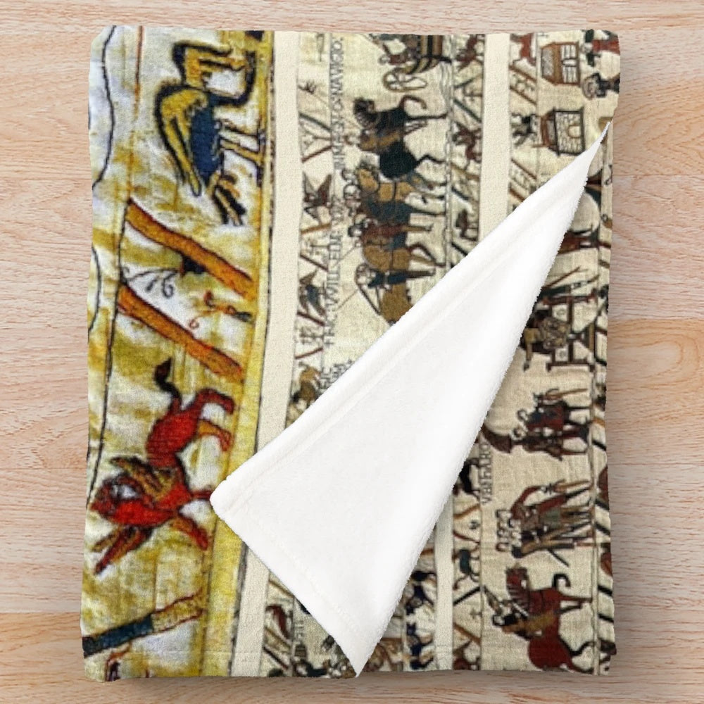 Bayeux Tapestry themed plush blanket featuring Viking longships and medieval knights
