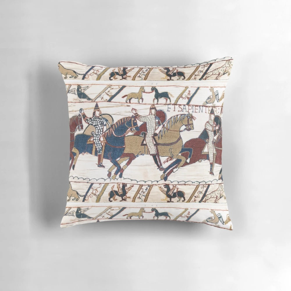 Bayeux Tapestry design pillow featuring Norman knights and archers in the Battle of Hastings