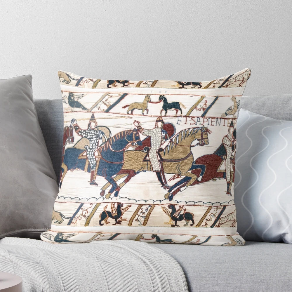 Bayeux Tapestry design pillow featuring Norman knights and archers in the Battle of Hastings