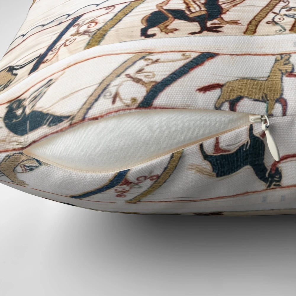 Bayeux Tapestry design pillow featuring Norman knights and archers in the Battle of Hastings