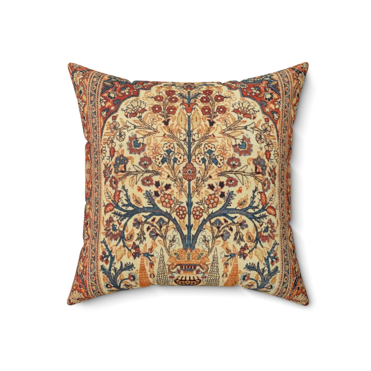 Decorative pillow with intricate Tabriz tree of life floral pattern, inspired by vintage Persian rugs. - Back