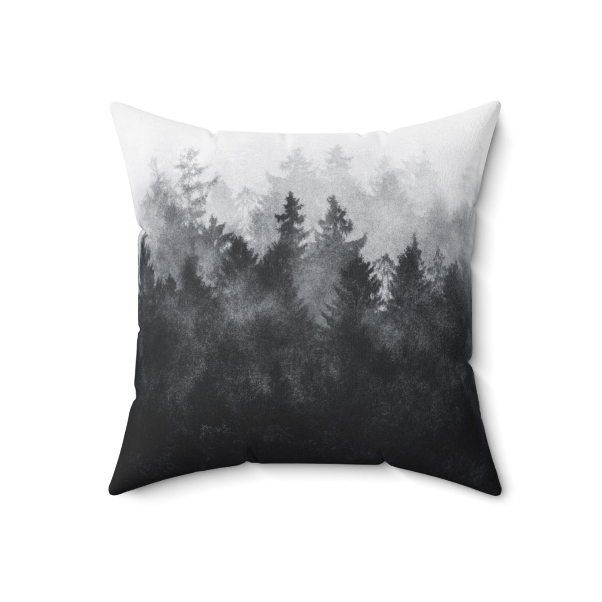 Pillow featuring a watercolor painting of a misty, foggy forest with trees and mountains. - Back