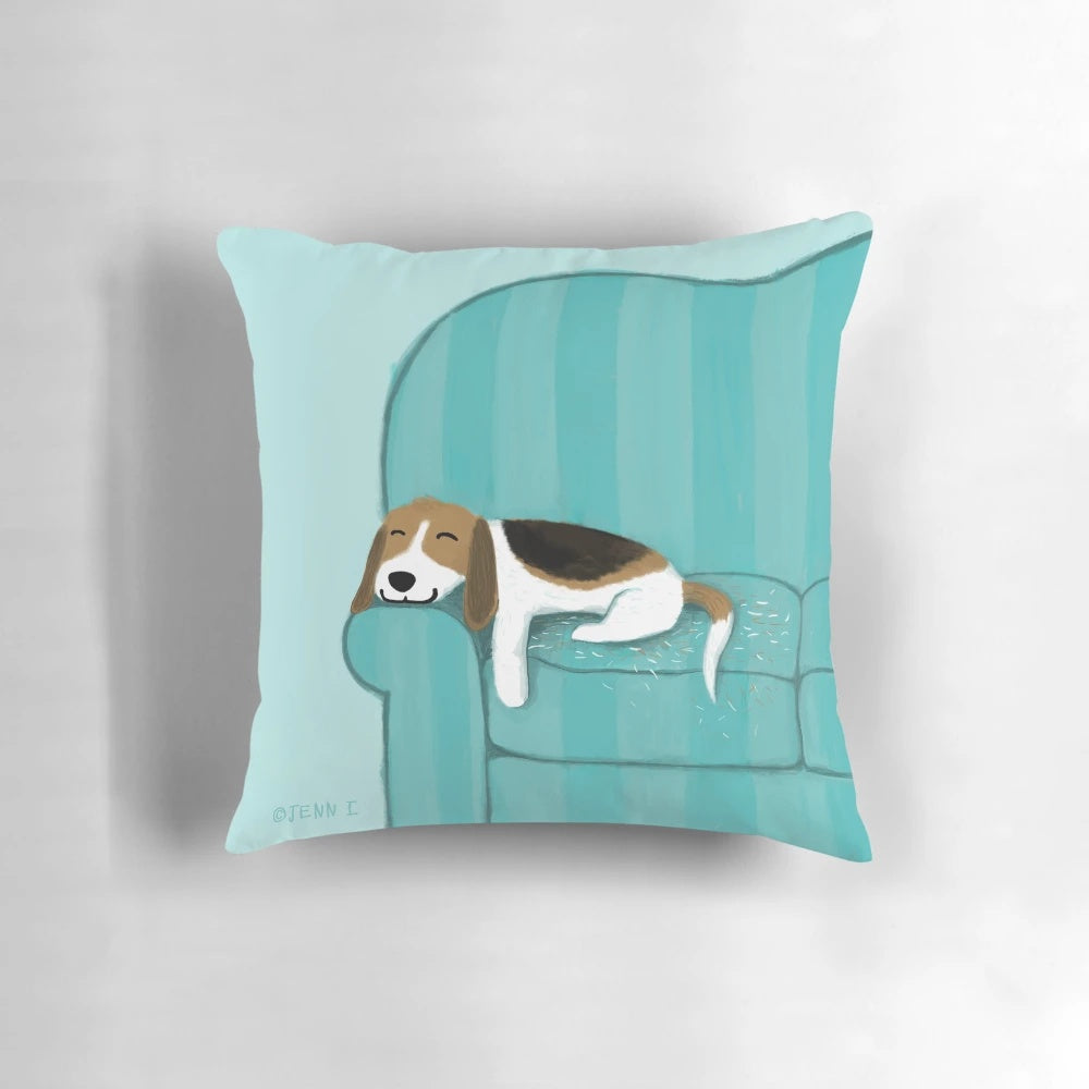 Soft and cuddly beagle-themed pillow with a happy, cartoon dog design