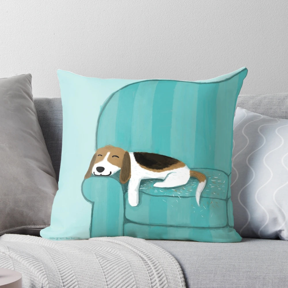 Soft and cuddly beagle-themed pillow with a happy, cartoon dog design