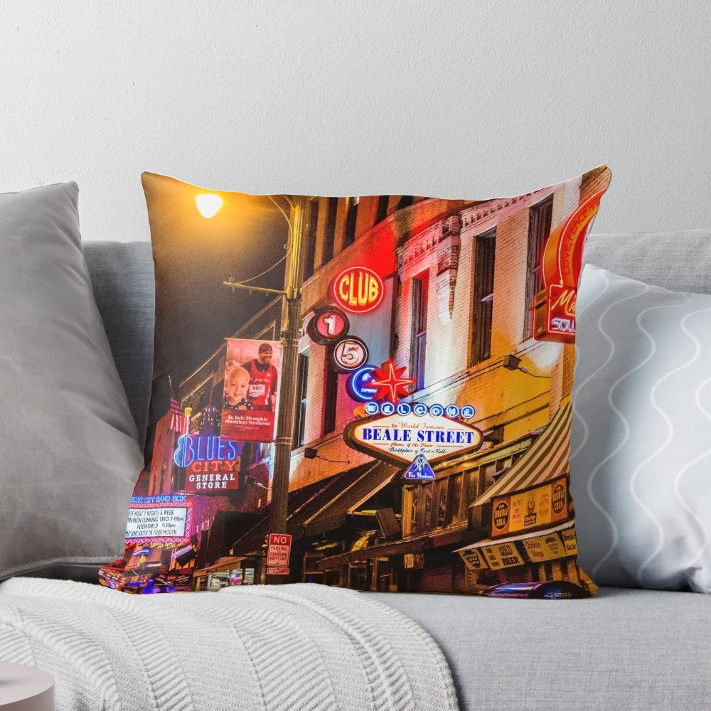 Vibrant photograph of Beale Street in Memphis, Tennessee, showcasing the city's famous neon lights and lively blues music scene