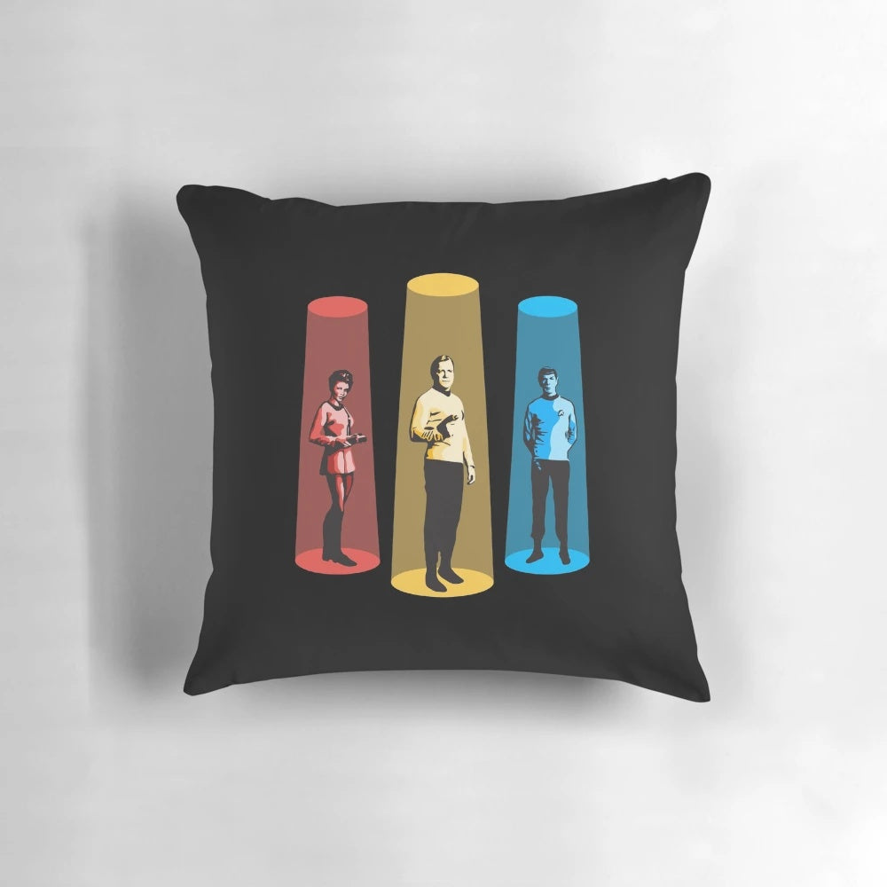A cozy and stylish throw pillow with the iconic "Beam Me Up, Scotty" quote from Star Trek