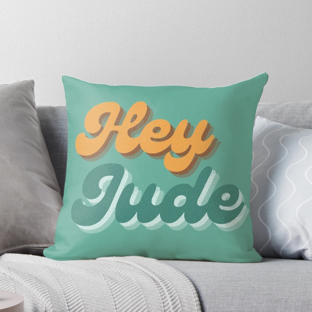 Vibrant blue and yellow "Hey Jude" themed retro pop art pillow