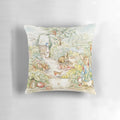 Beatrix Potter garden illustration pillow featuring Peter Rabbit and other woodland animals