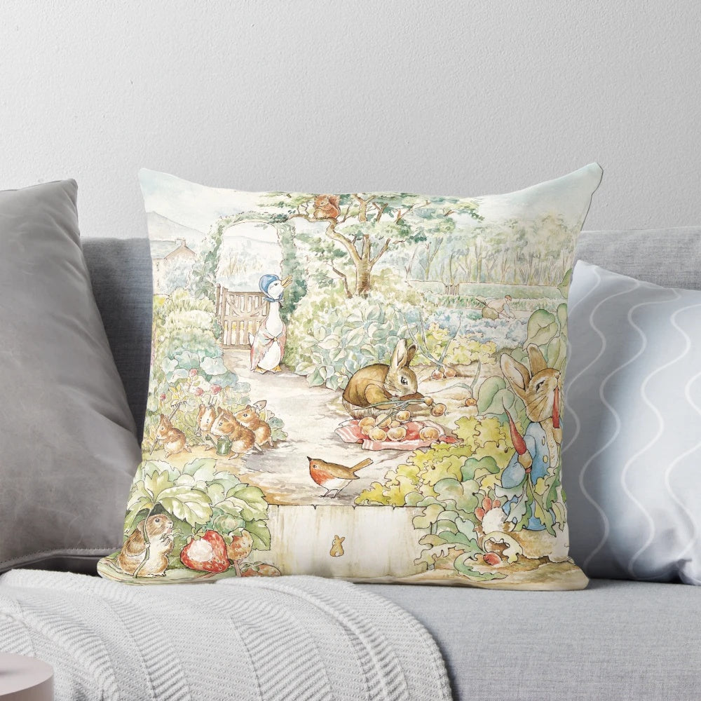Beatrix Potter garden illustration pillow featuring Peter Rabbit and other woodland animals