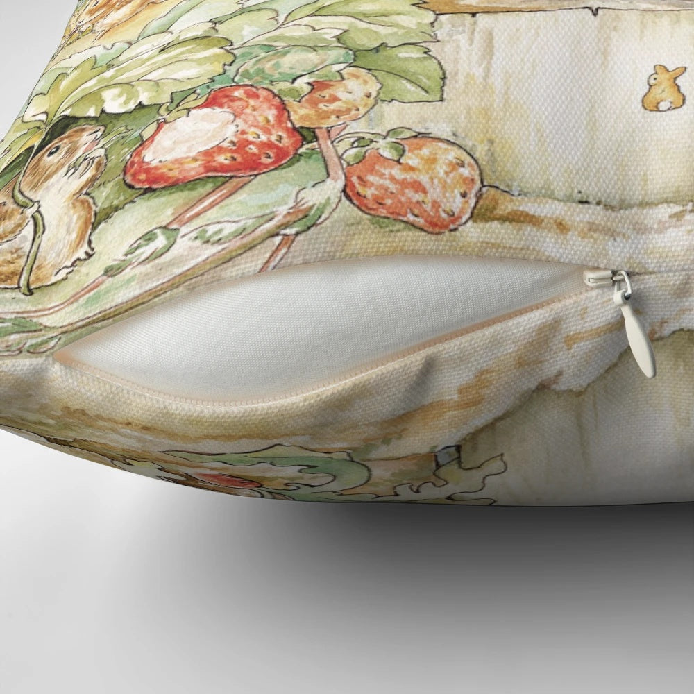 Beatrix Potter garden illustration pillow featuring Peter Rabbit and other woodland animals