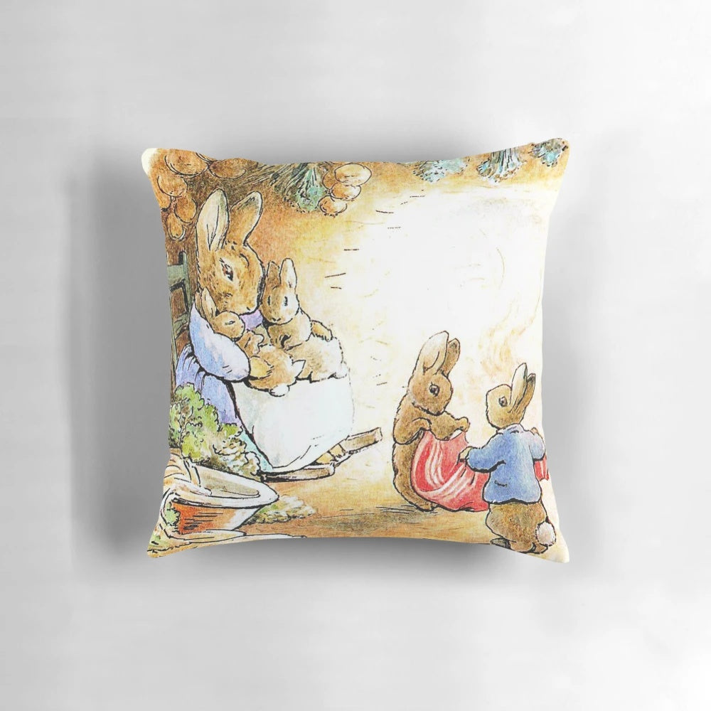 Beatrix Potter inspired Benjamin Bunny pillow depicting a rabbit family in their cozy burrow home.