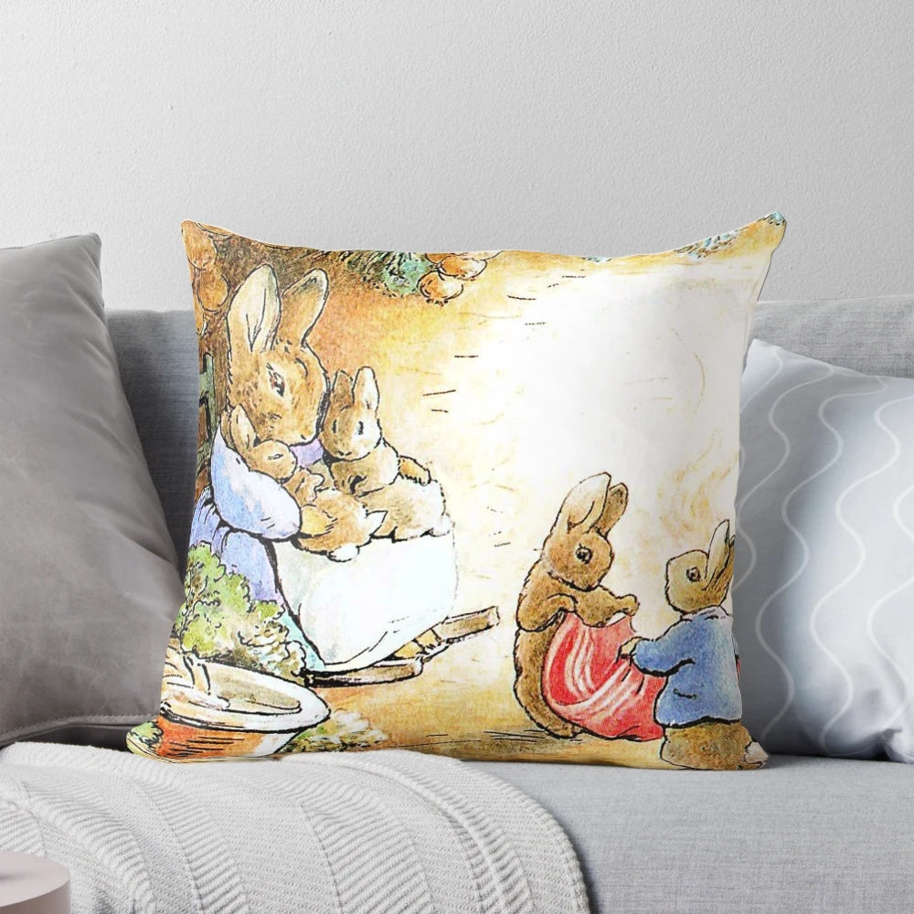 Beatrix Potter inspired Benjamin Bunny pillow depicting a rabbit family in their cozy burrow home.