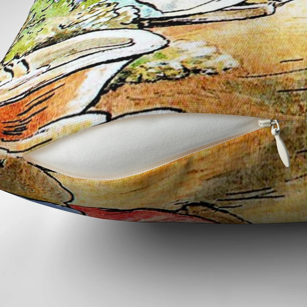 Beatrix Potter inspired Benjamin Bunny pillow depicting a rabbit family in their cozy burrow home.
