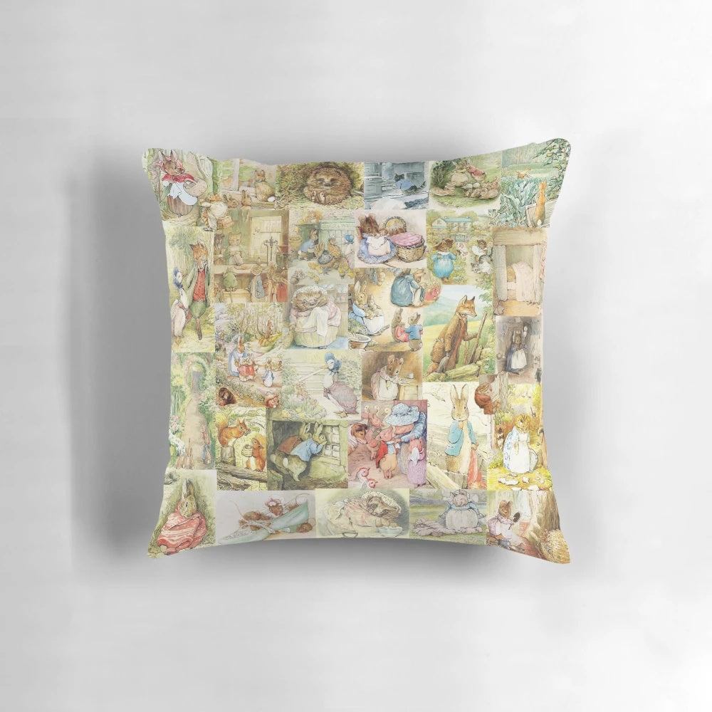 Beatrix Potter inspired collage design decorative throw pillow with Peter Rabbit, Jemima Puddle-Duck, and other classic characters