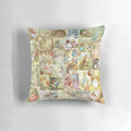 Beatrix Potter inspired collage design decorative throw pillow with Peter Rabbit, Jemima Puddle-Duck, and other classic characters