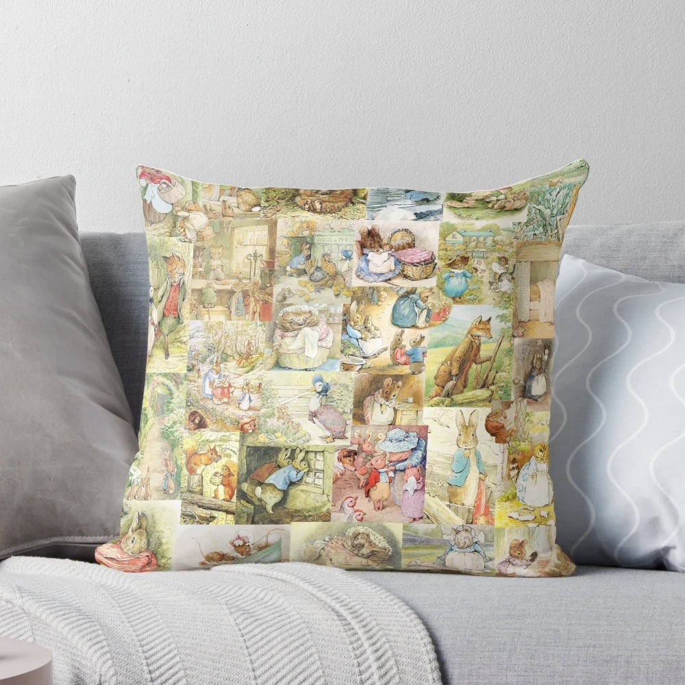 Beatrix Potter inspired collage design decorative throw pillow with Peter Rabbit, Jemima Puddle-Duck, and other classic characters