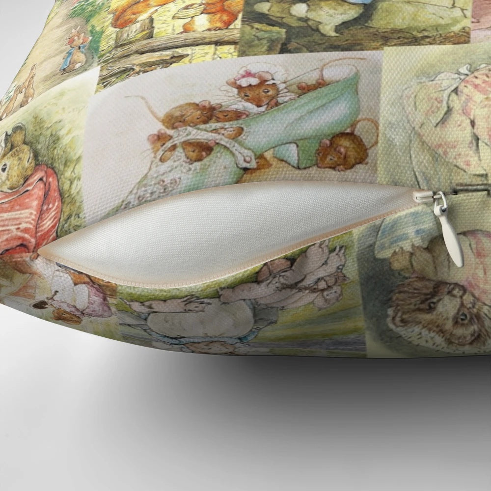 Beatrix Potter inspired collage design decorative throw pillow with Peter Rabbit, Jemima Puddle-Duck, and other classic characters