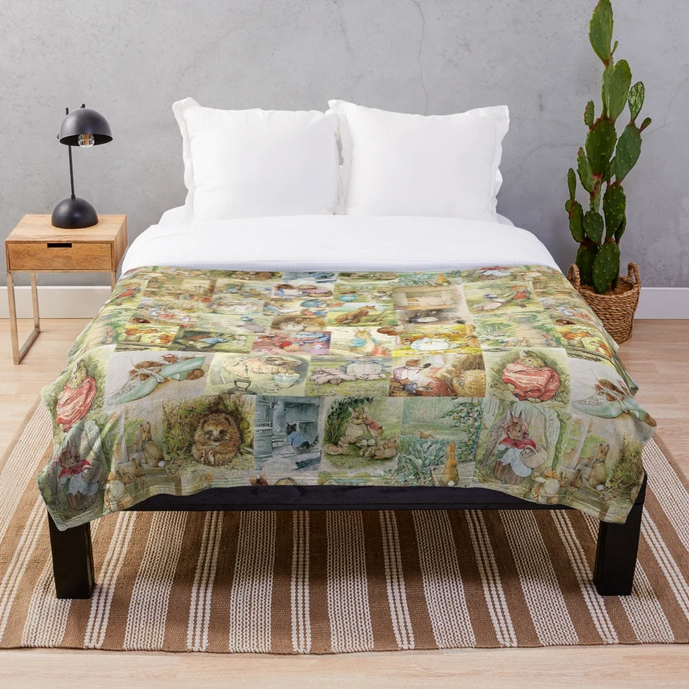 Beatrix Potter inspired plush blanket with collage of characters like Peter Rabbit, Jemima Puddle-Duck, and Flopsy Bunny