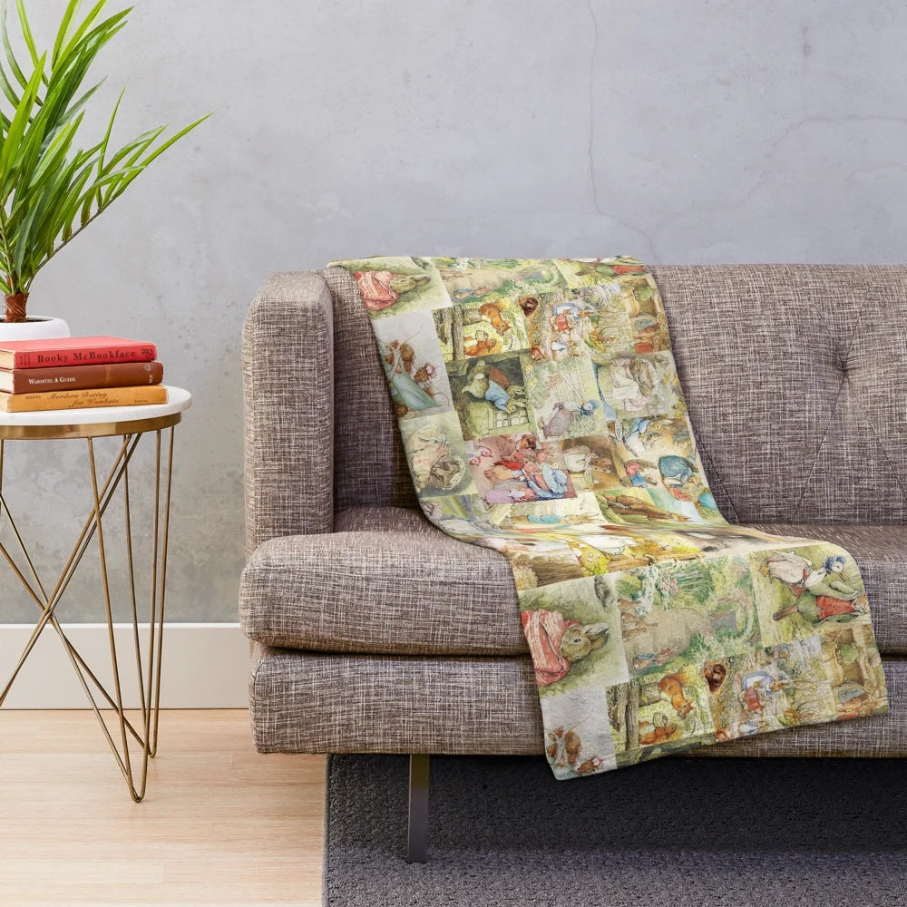 Beatrix Potter inspired plush blanket with collage of characters like Peter Rabbit, Jemima Puddle-Duck, and Flopsy Bunny