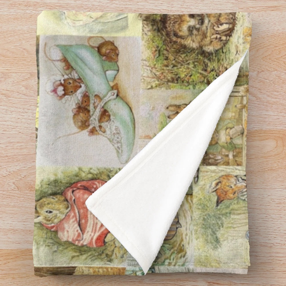 Beatrix Potter inspired plush blanket with collage of characters like Peter Rabbit, Jemima Puddle-Duck, and Flopsy Bunny