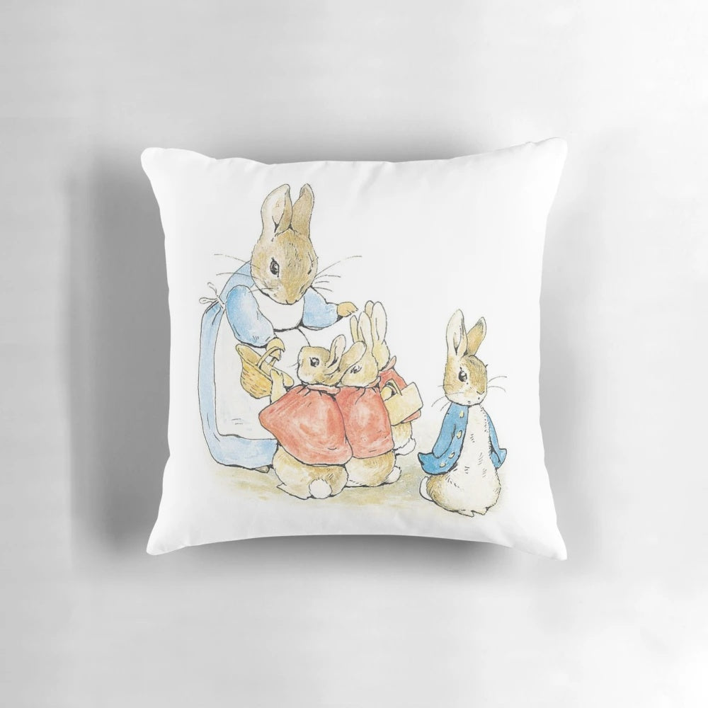 Decorative pillow featuring the iconic Peter Rabbit character from Beatrix Potter's classic children's storybooks.