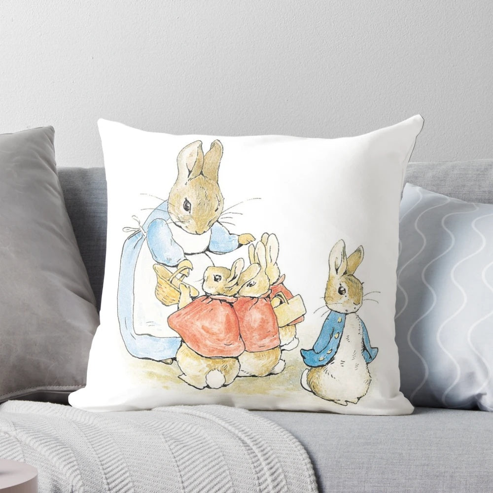 Decorative pillow featuring the iconic Peter Rabbit character from Beatrix Potter's classic children's storybooks.