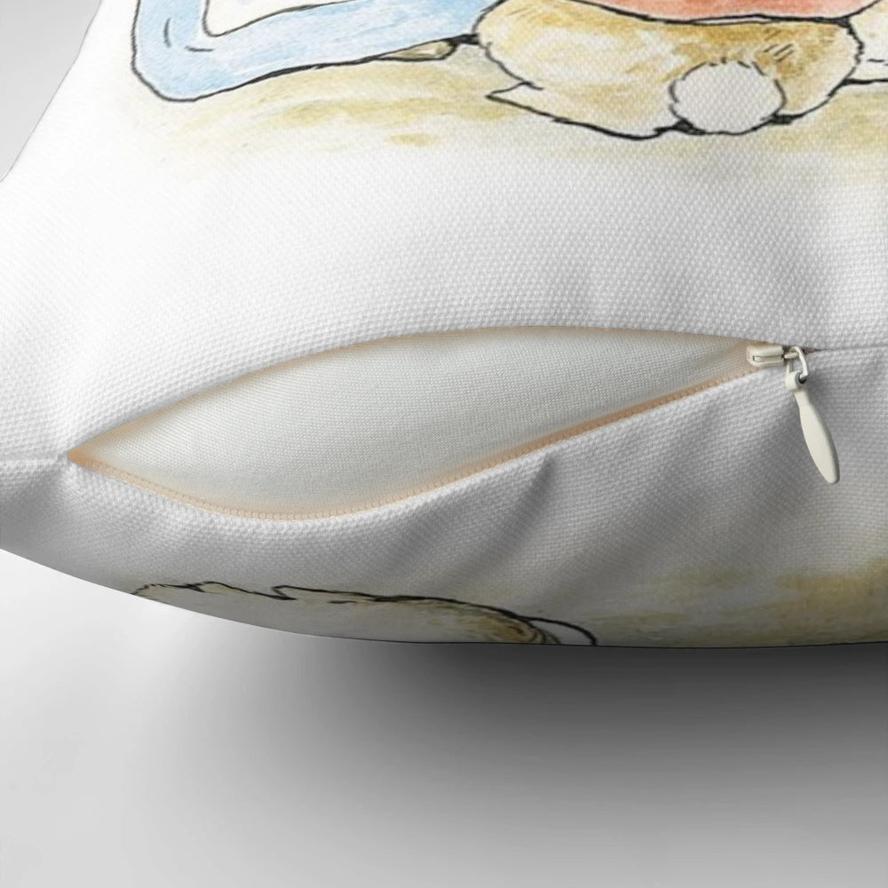 Decorative pillow featuring the iconic Peter Rabbit character from Beatrix Potter's classic children's storybooks.