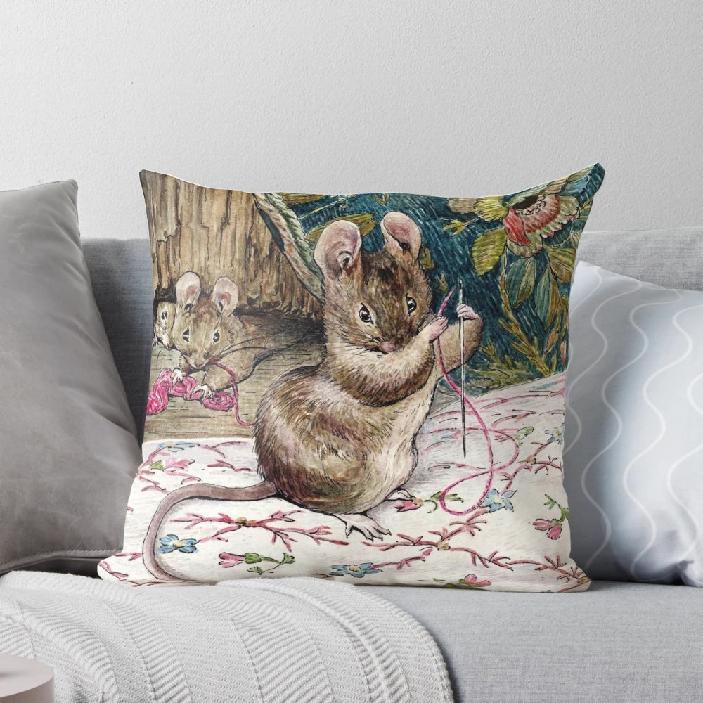 Beatrix Potter inspired pillow featuring the mice from The Tailor of Gloucester