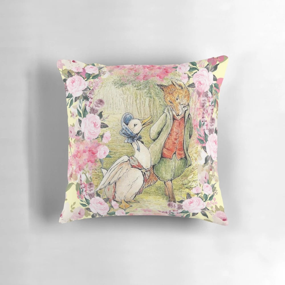 Jemima Puddle-Duck floral decorative pillow, featuring a charming design from the classic Beatrix Potter children's book series