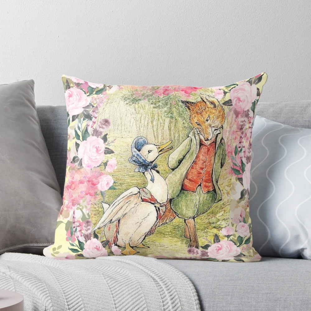 Jemima Puddle-Duck floral decorative pillow, featuring a charming design from the classic Beatrix Potter children's book series