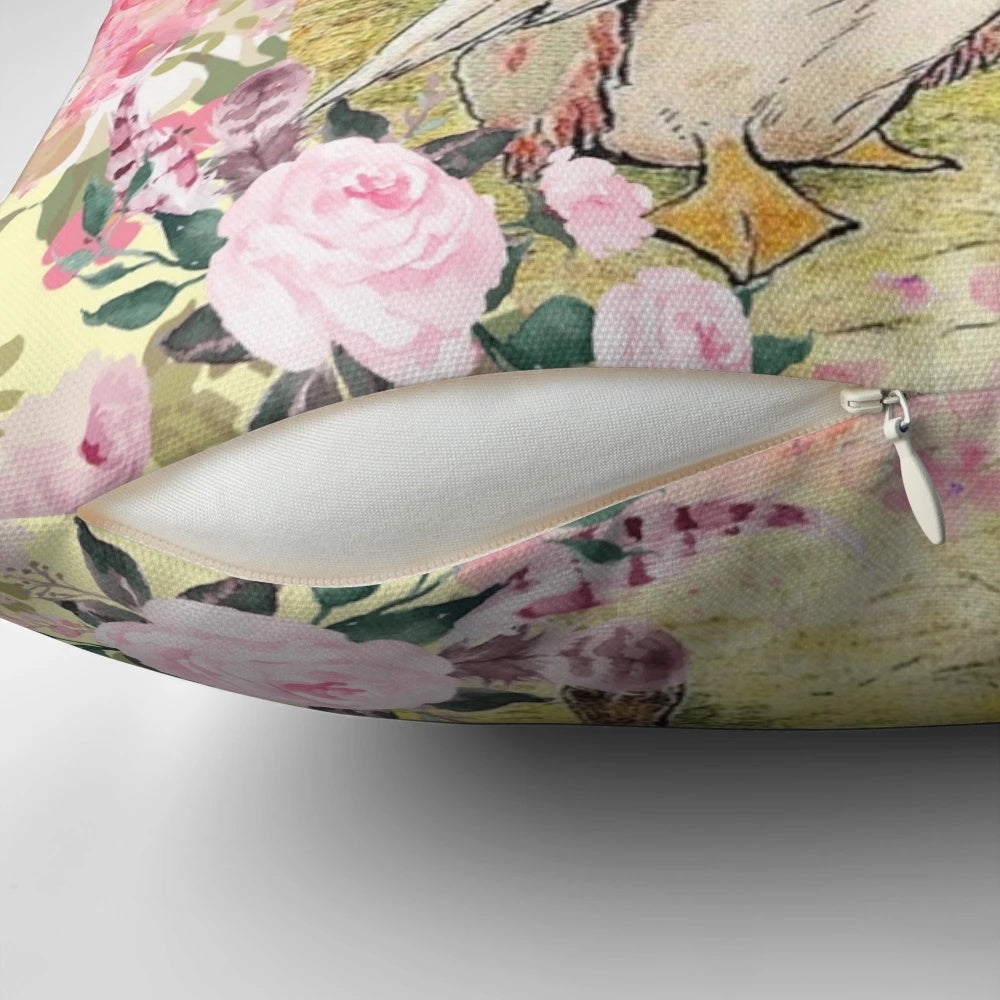 Jemima Puddle-Duck floral decorative pillow, featuring a charming design from the classic Beatrix Potter children's book series