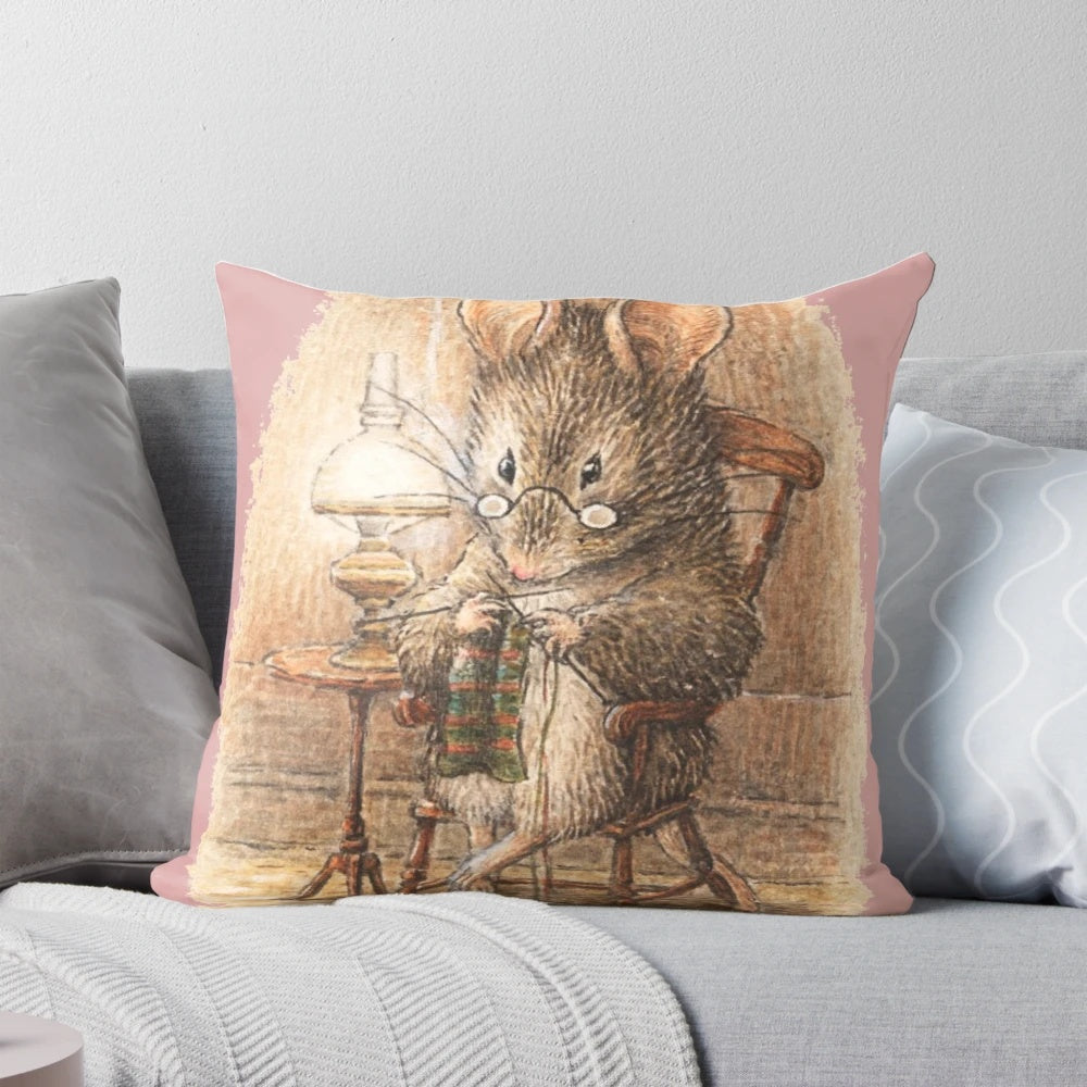 Beatrix Potter inspired knitting mouse pillow with rocking chair and glasses