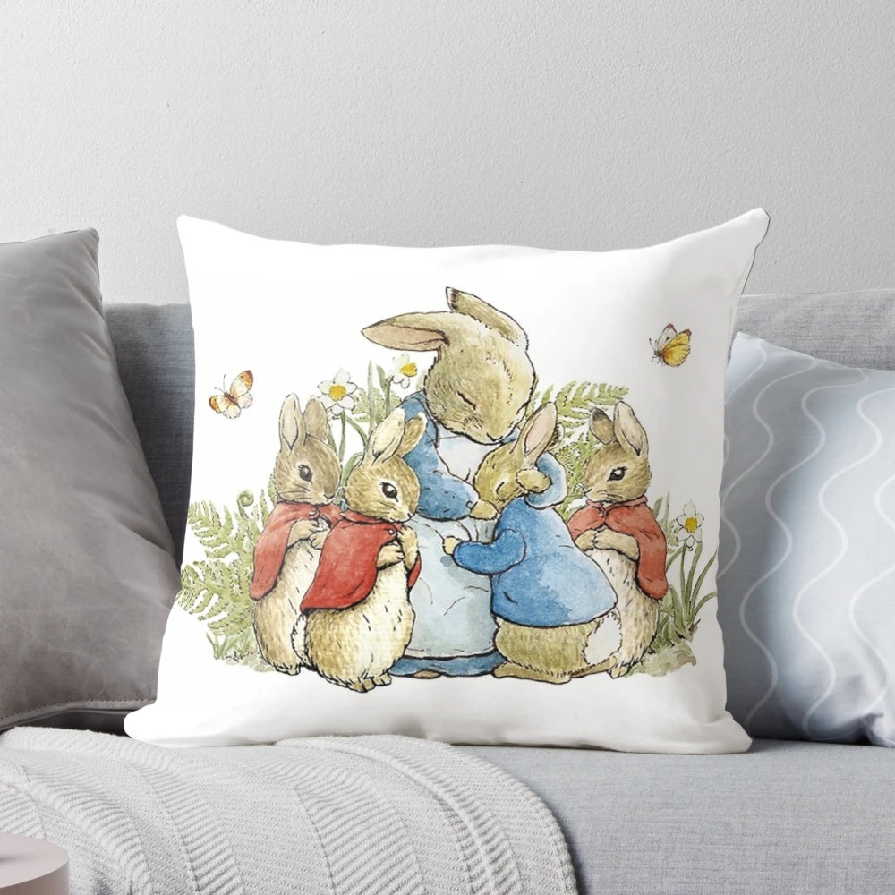 Soft, plush throw pillow featuring the iconic illustration of Peter Rabbit and his family from the classic children's book by Beatrix Potter.