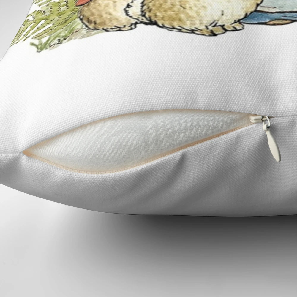 Soft, plush throw pillow featuring the iconic illustration of Peter Rabbit and his family from the classic children's book by Beatrix Potter.