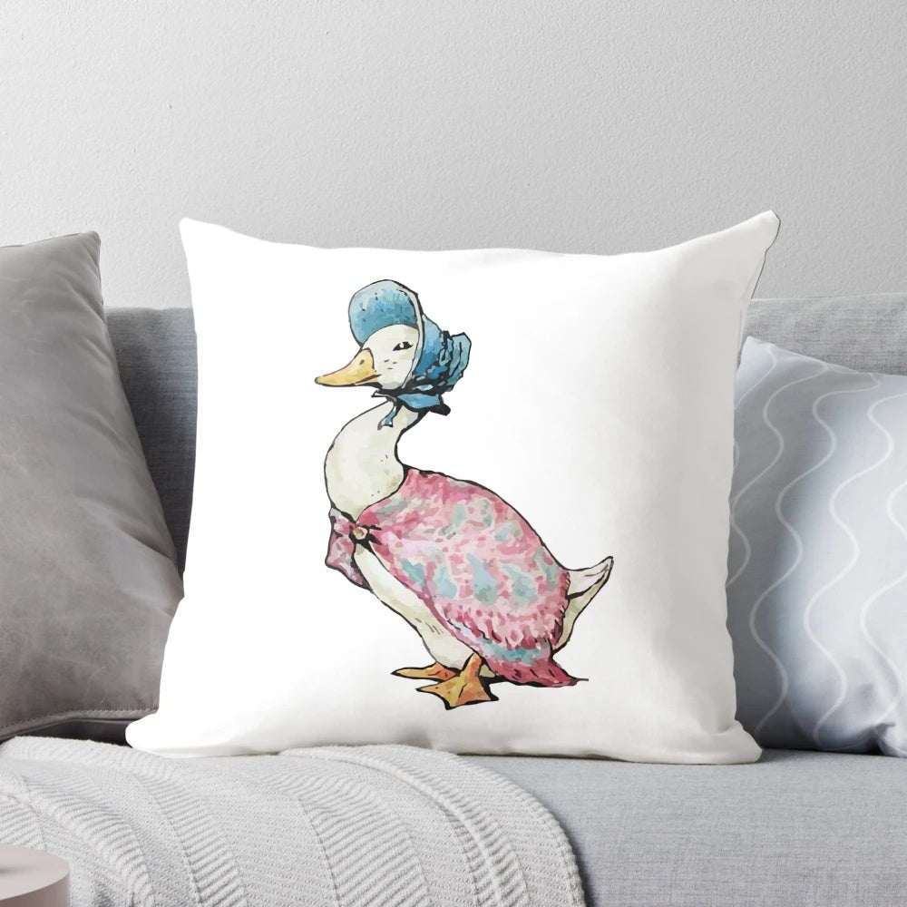 Beatrix Potter's Jemima Puddle-Duck and Peter Rabbit characters featured on a decorative pillow