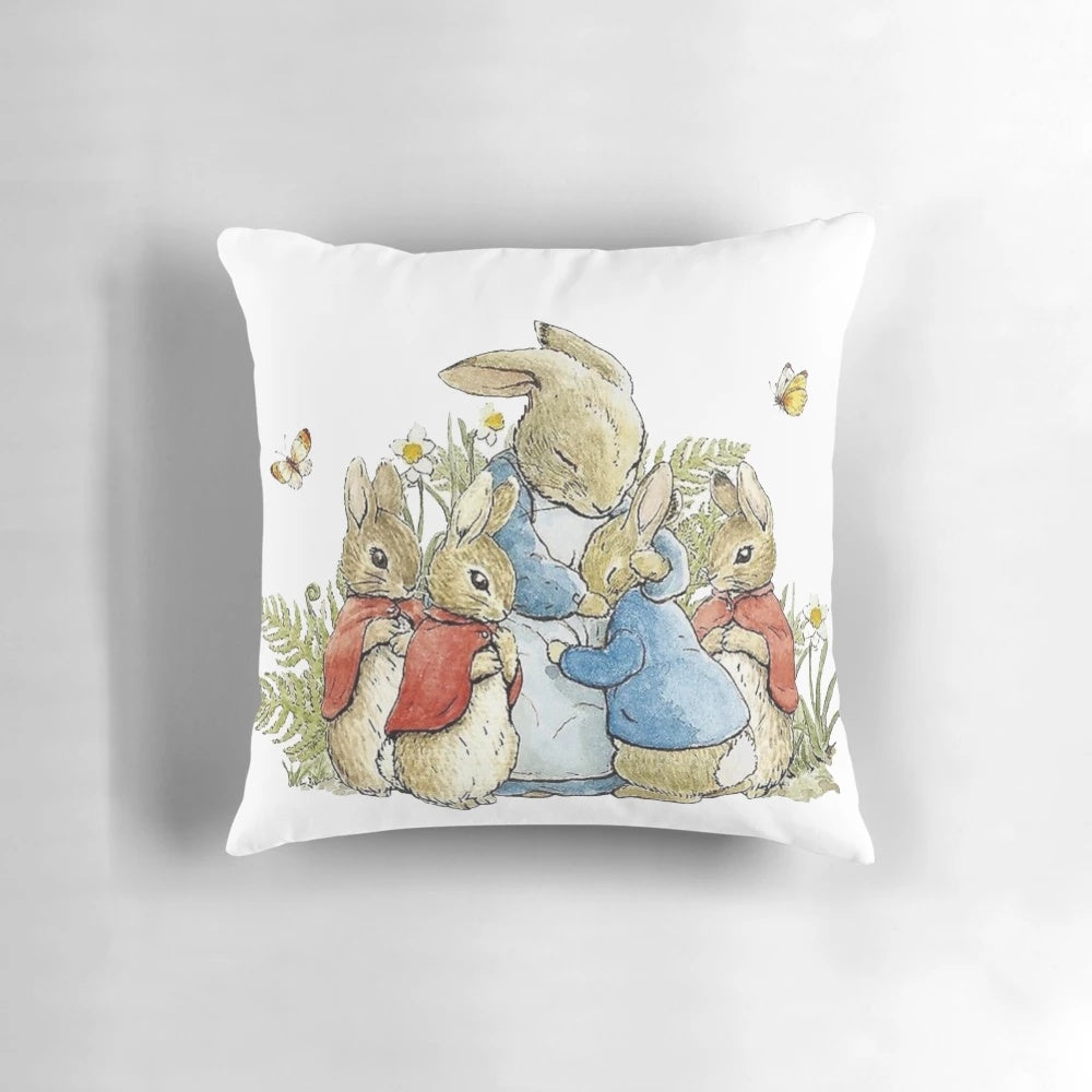 Beatrix Potter's Peter Rabbit watercolor illustration printed on a decorative throw pillow