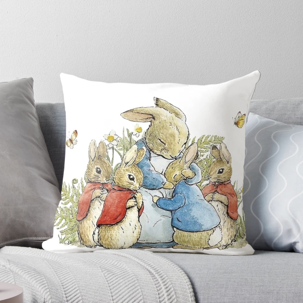Beatrix Potter's Peter Rabbit watercolor illustration printed on a decorative throw pillow