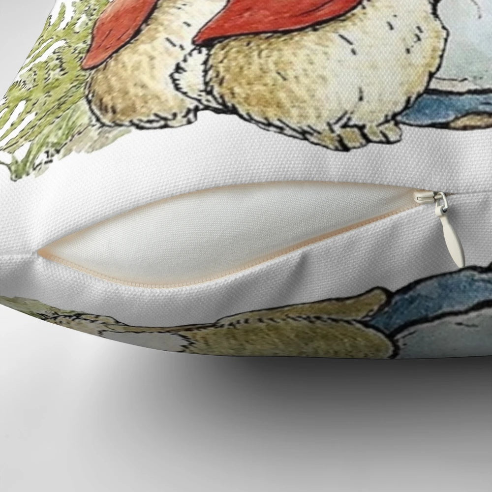 Beatrix Potter's Peter Rabbit watercolor illustration printed on a decorative throw pillow