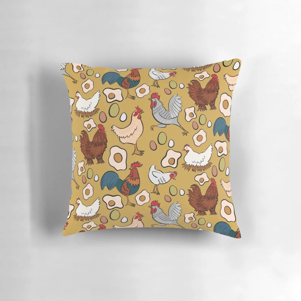 Assortment of beautiful chickens printed on a high-quality pillow for farmhouse-style home decor.