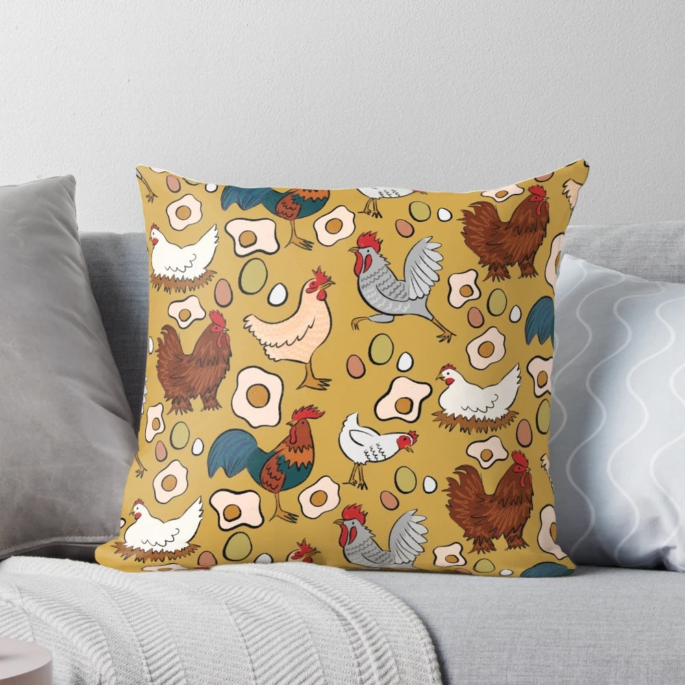Assortment of beautiful chickens printed on a high-quality pillow for farmhouse-style home decor.
