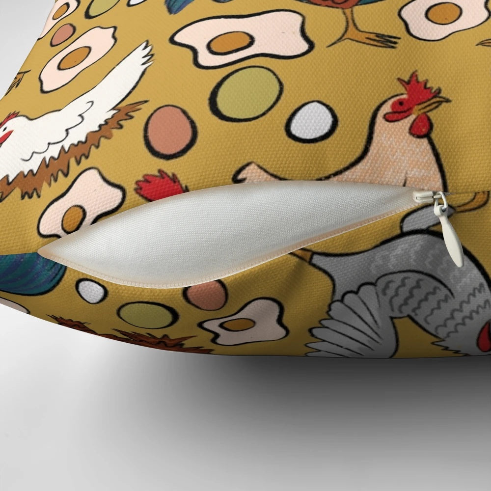 Assortment of beautiful chickens printed on a high-quality pillow for farmhouse-style home decor.