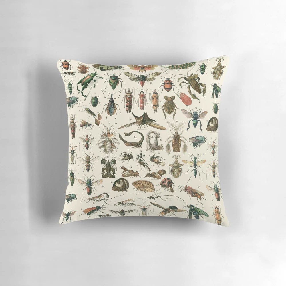 Colorful insect-themed pillow with various insects like ants, moths, crickets, and beetles